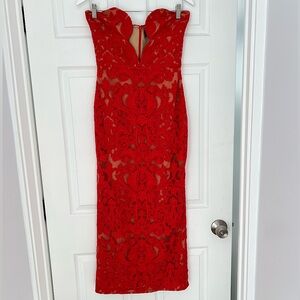 Michael Costello x Revolve Lace Red Strapless Plunge Midi Dress Small $350 Sz S